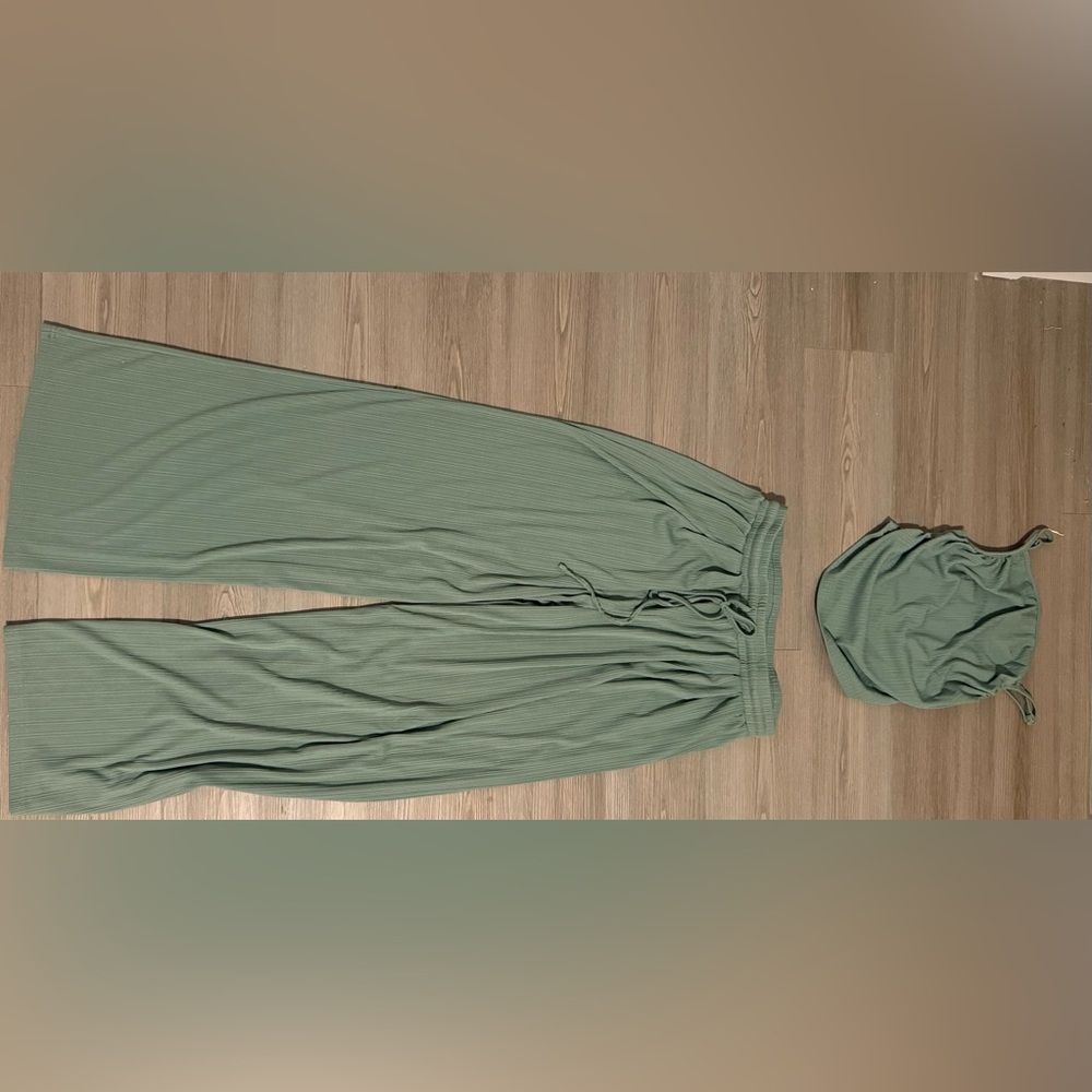 Cider Sage Green Ribbed Drawstring Lounge Pants | Ribbed Tank Set